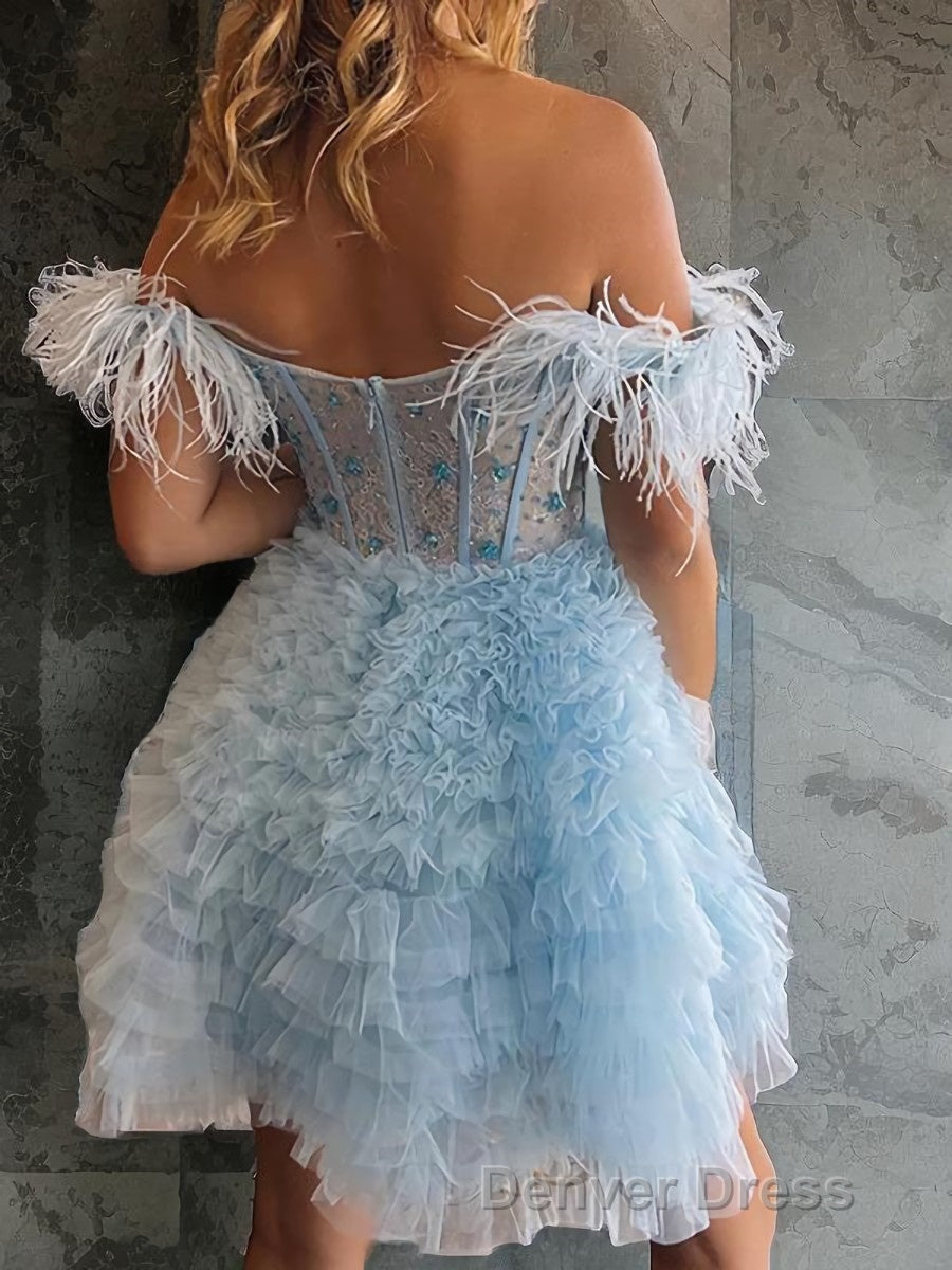 A Line Off The Shoulder Knee Length Tulle Homecoming Dresses with Cascading Ruffles