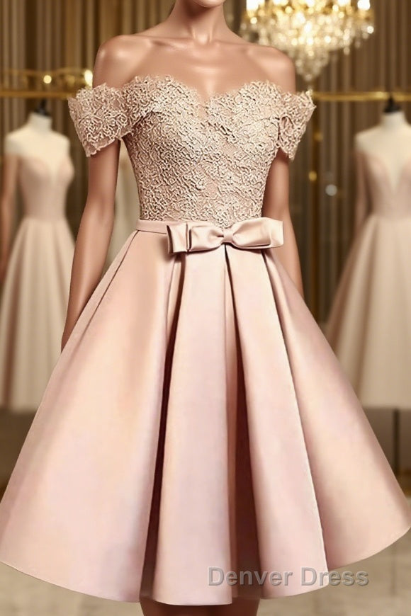 A Line Off The Shoulder Short Mini Satin Homecoming Dresses With Bow