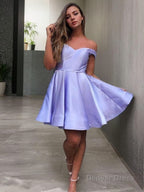 A Line Off The Shoulder Short Mini Satin Homecoming Dresses With Ruffles