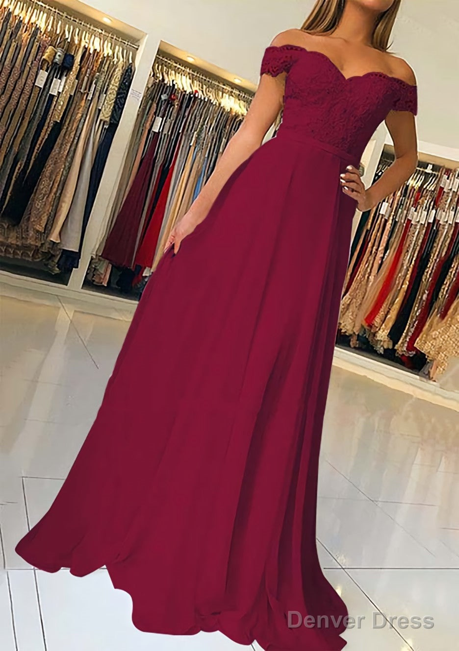 A-line/Princess Off-the-Shoulder Short Sleeve Sweep Train Chiffon Prom Dresses With Beading Appliqued