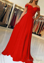 A Line Off The Shoulder Short Sleeve Sweep Train Chiffon Prom Dresses With Beading Appliqued