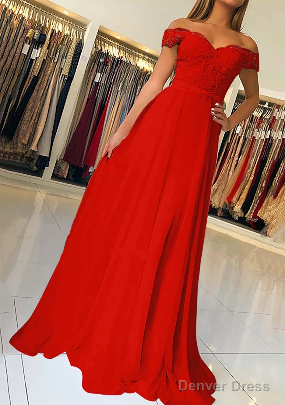 A Line Off The Shoulder Short Sleeve Sweep Train Chiffon Prom Dresses With Beading Appliqued