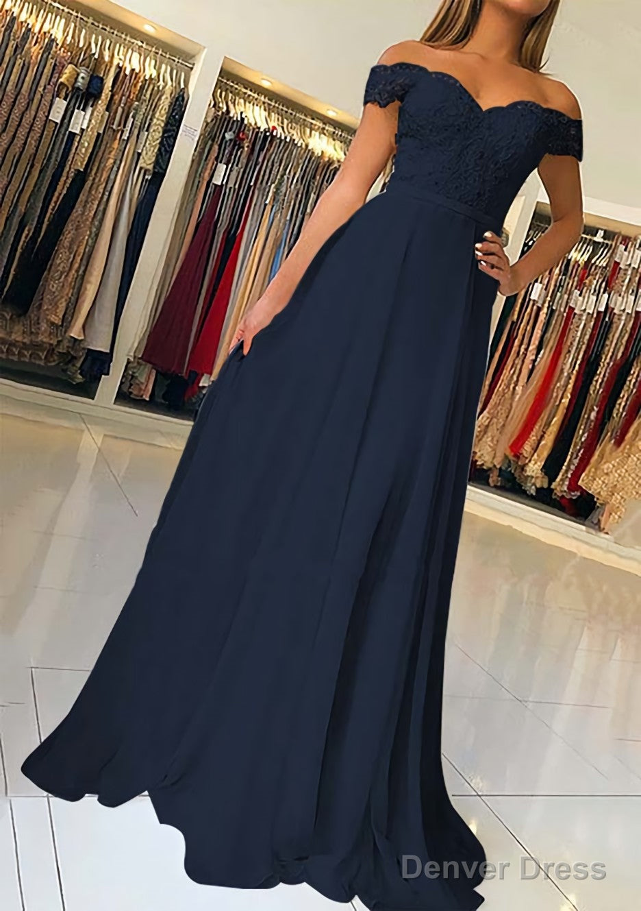 A Line Off The Shoulder Short Sleeve Sweep Train Chiffon Prom Dresses With Beading Appliqued Secondary image