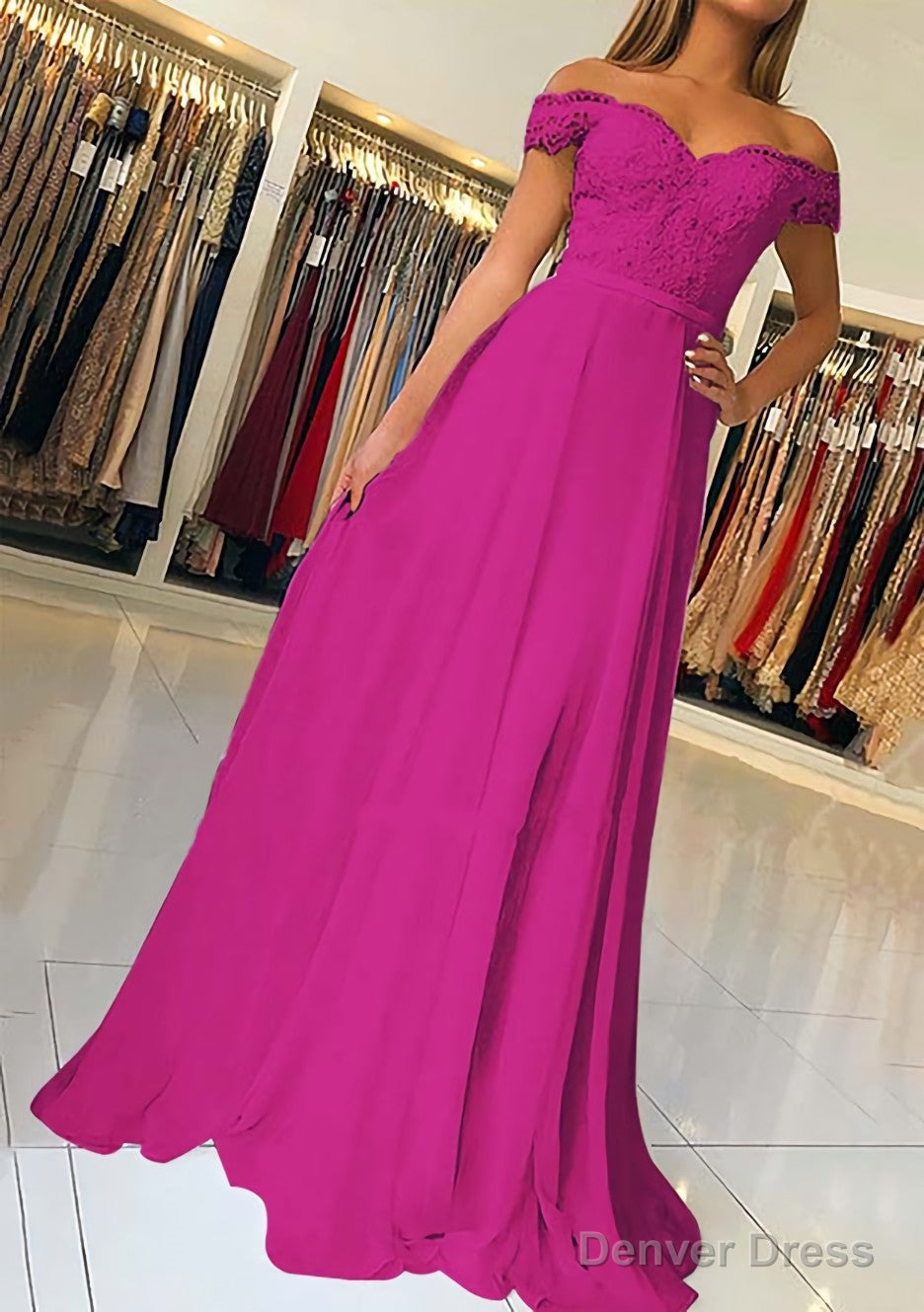 A Line Off The Shoulder Short Sleeve Sweep Train Chiffon Prom Dresses With Beading Appliqued