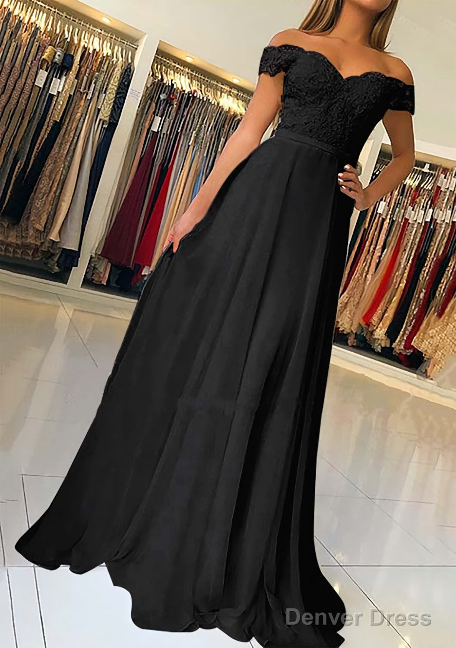 A Line Off The Shoulder Short Sleeve Sweep Train Chiffon Prom Dresses With Beading Appliqued