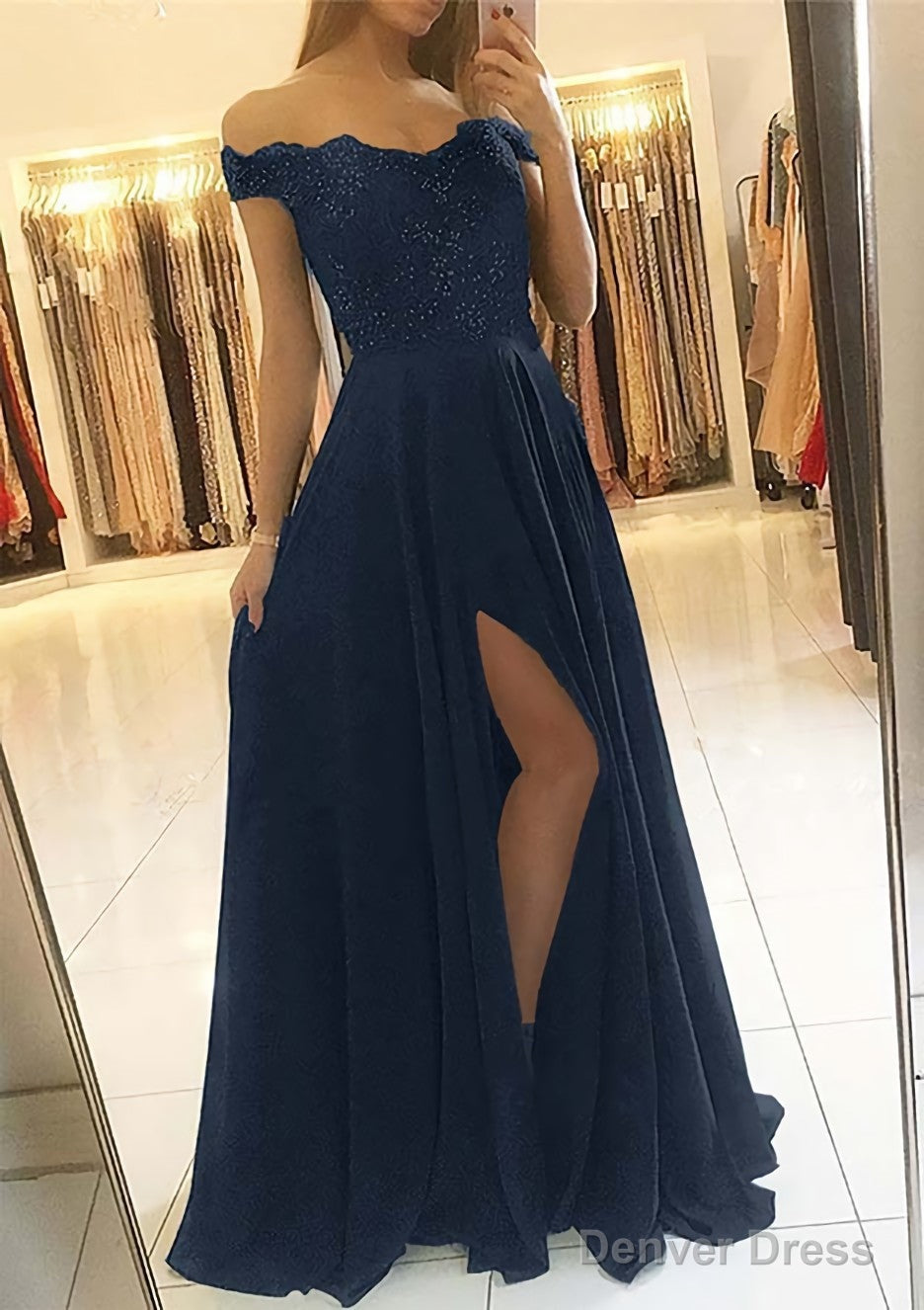 A-line/Princess Off-the-Shoulder Sleeveless Long/Floor-Length Chiffon Prom Dresses With Beading Split Main image