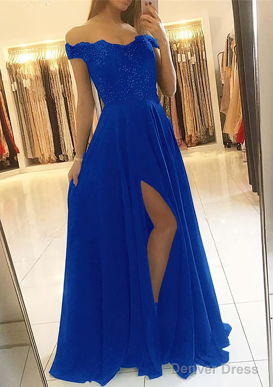 A Line Off The Shoulder Sleeveless Long Floor Length Chiffon Prom Dresses With Beading Split