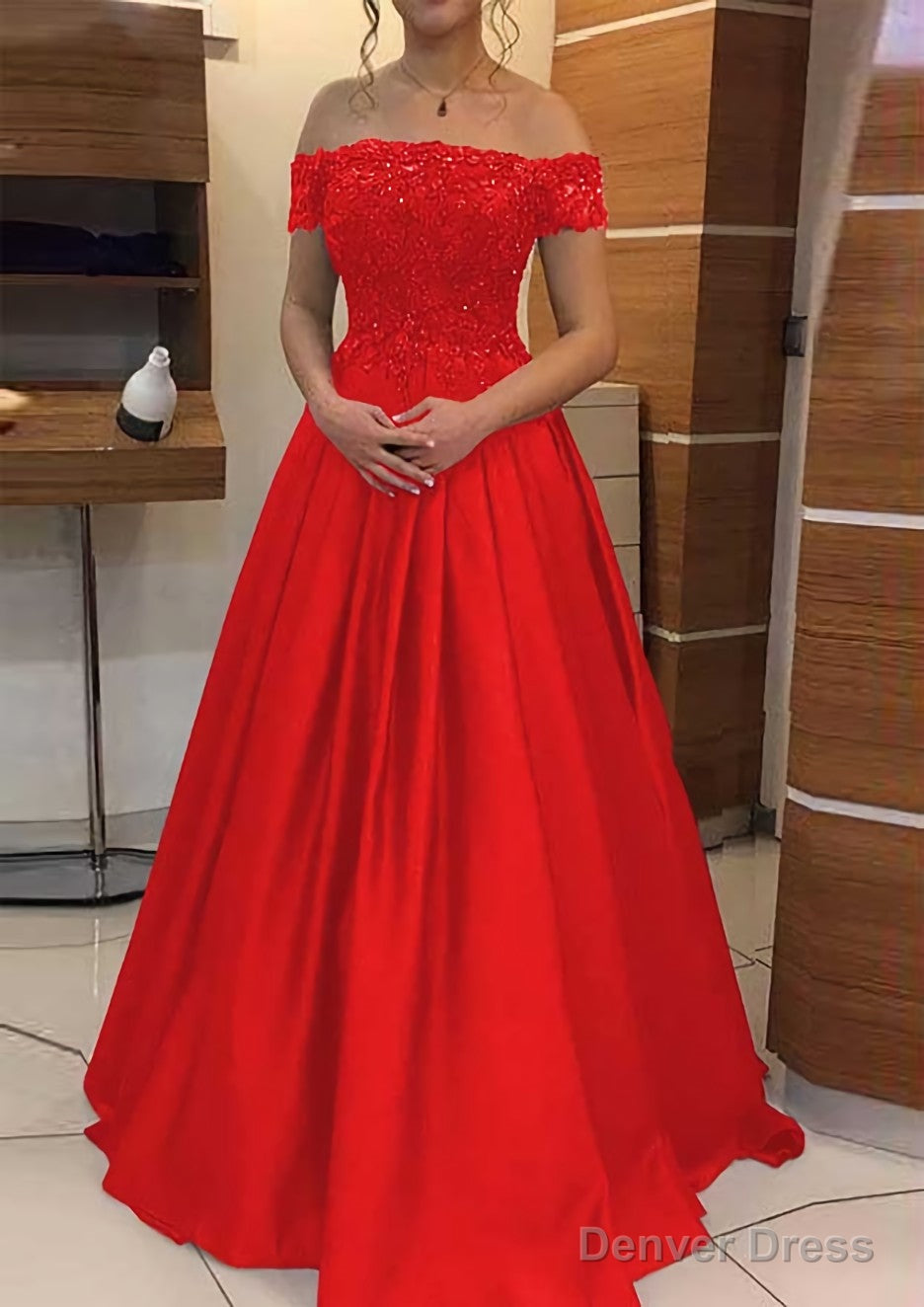 A Line Off The Shoulder Sleeveless Long Floor Length Elastic Satin Prom Dresses With Lace Pleated