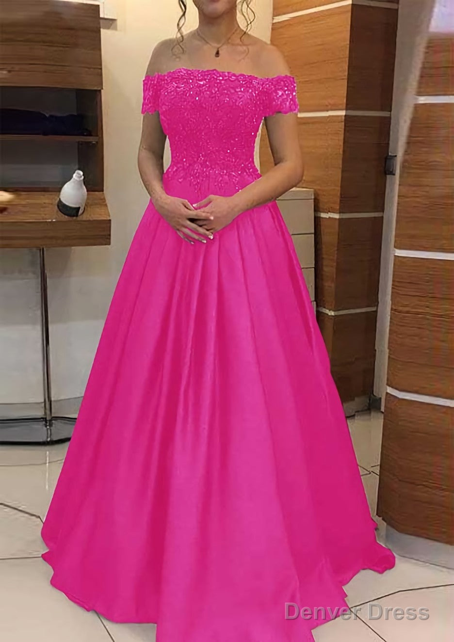 A Line Off The Shoulder Sleeveless Long Floor Length Elastic Satin Prom Dresses With Lace Pleated