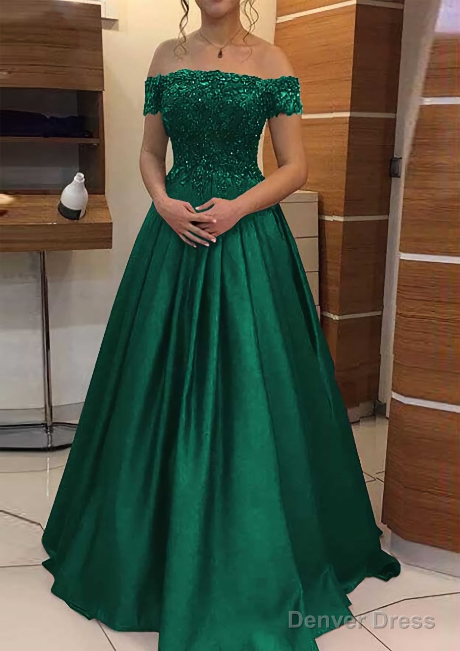 A Line Off The Shoulder Sleeveless Long Floor Length Elastic Satin Prom Dresses With Lace Pleated
