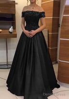 A Line Off The Shoulder Sleeveless Long Floor Length Elastic Satin Prom Dresses With Lace Pleated