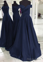 A Line Off The Shoulder Sleeveless Sweep Train Satin Prom Dresses
