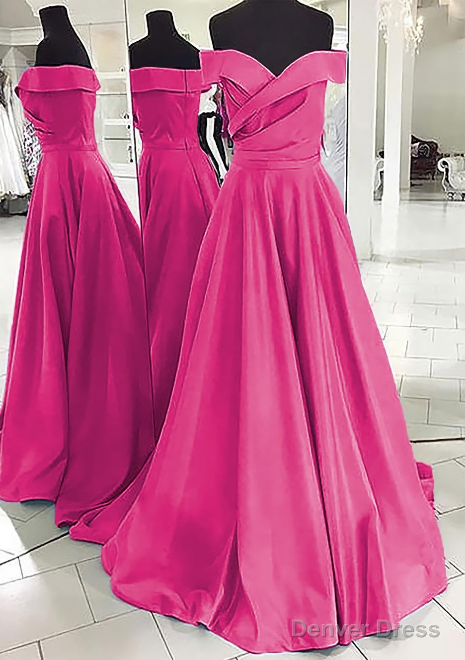 A Line Off The Shoulder Sleeveless Sweep Train Satin Prom Dresses
