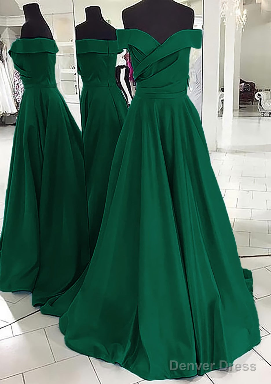 A Line Off The Shoulder Sleeveless Sweep Train Satin Prom Dresses