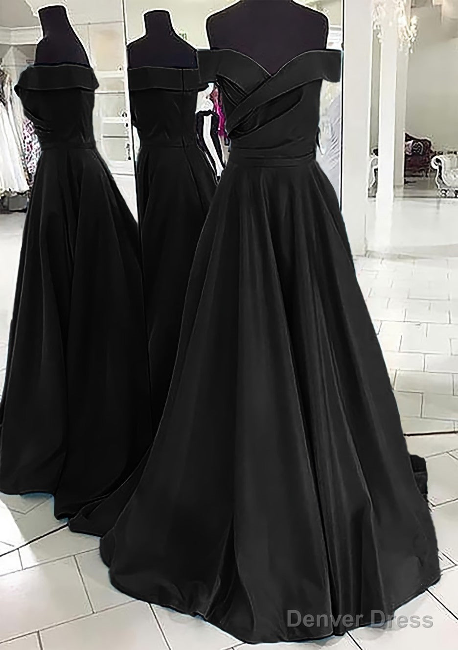 A Line Off The Shoulder Sleeveless Sweep Train Satin Prom Dresses