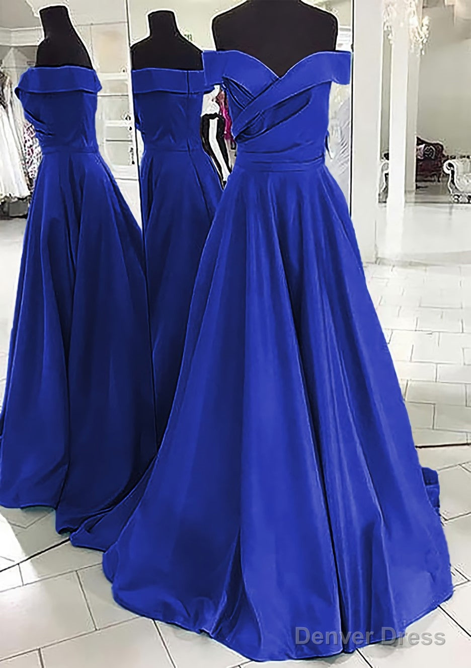 A Line Off The Shoulder Sleeveless Sweep Train Satin Prom Dresses