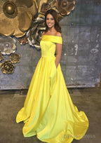 A Line Off The Shoulder Sleeveless Sweep Train Satin Prom Dresses With Low Back