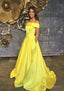 A Line Off The Shoulder Sleeveless Sweep Train Satin Prom Dresses With Low Back