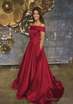 A Line Off The Shoulder Sleeveless Sweep Train Satin Prom Dresses With Low Back