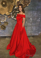 A Line Off The Shoulder Sleeveless Sweep Train Satin Prom Dresses With Low Back