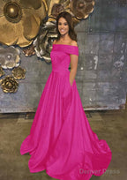 A Line Off The Shoulder Sleeveless Sweep Train Satin Prom Dresses With Low Back