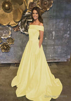 A Line Off The Shoulder Sleeveless Sweep Train Satin Prom Dresses With Low Back
