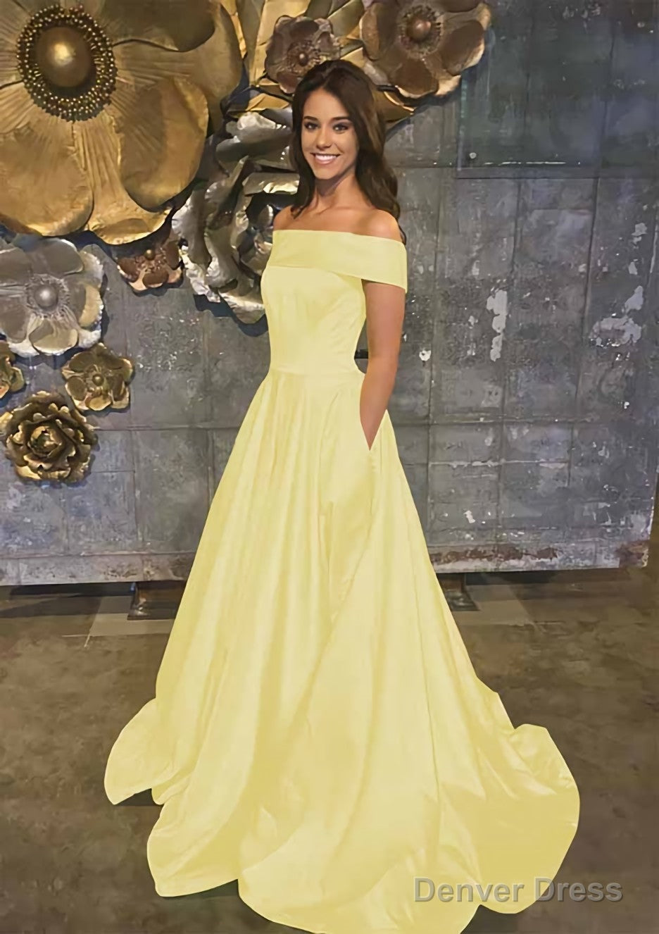 A Line Off The Shoulder Sleeveless Sweep Train Satin Prom Dresses With Low Back