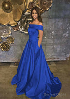 A Line Off The Shoulder Sleeveless Sweep Train Satin Prom Dresses With Low Back