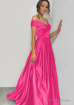 A Line Off The Shoulder Sleeveless Sweep Train Satin Prom Dresses With Pleated