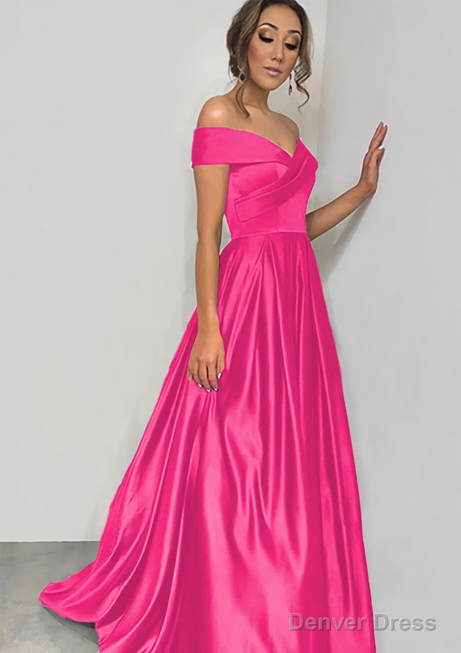 A Line Off The Shoulder Sleeveless Sweep Train Satin Prom Dresses With Pleated