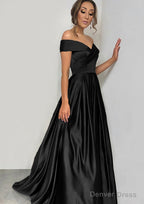 A Line Off The Shoulder Sleeveless Sweep Train Satin Prom Dresses With Pleated