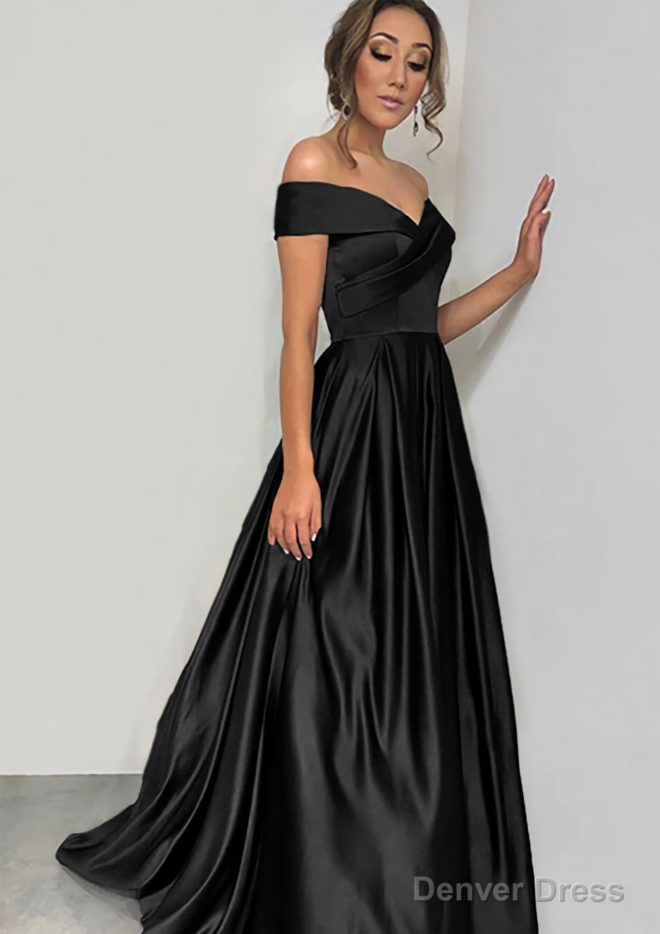 A Line Off The Shoulder Sleeveless Sweep Train Satin Prom Dresses With Pleated