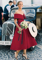 A Line Off The Shoulder Sleeveless Tea Length Satin Bridesmaid Dresses With Low Back