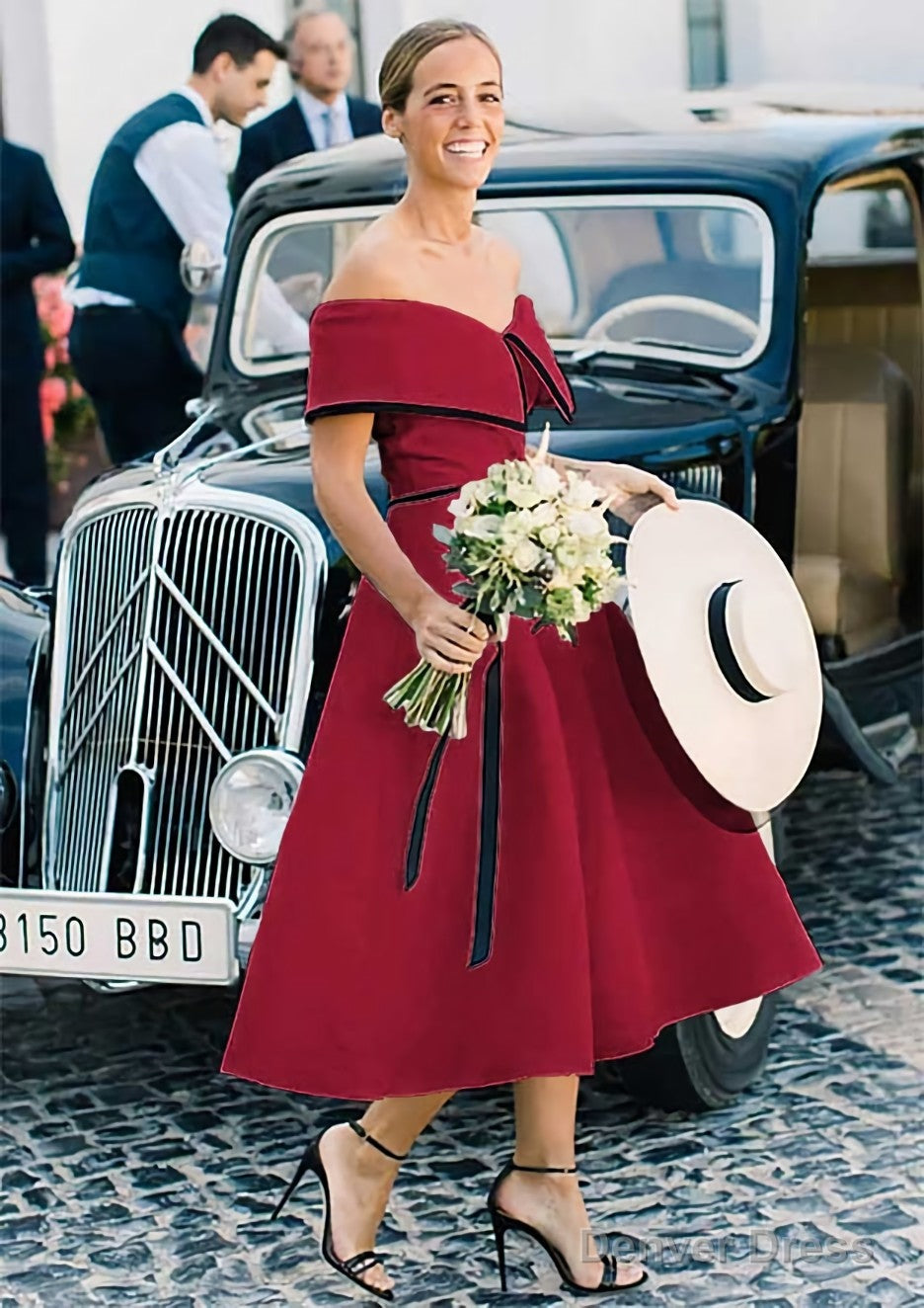 A Line Off The Shoulder Sleeveless Tea Length Satin Bridesmaid Dresses With Low Back