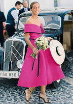 A Line Off The Shoulder Sleeveless Tea Length Satin Bridesmaid Dresses With Low Back