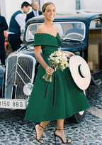 A Line Off The Shoulder Sleeveless Tea Length Satin Bridesmaid Dresses With Low Back