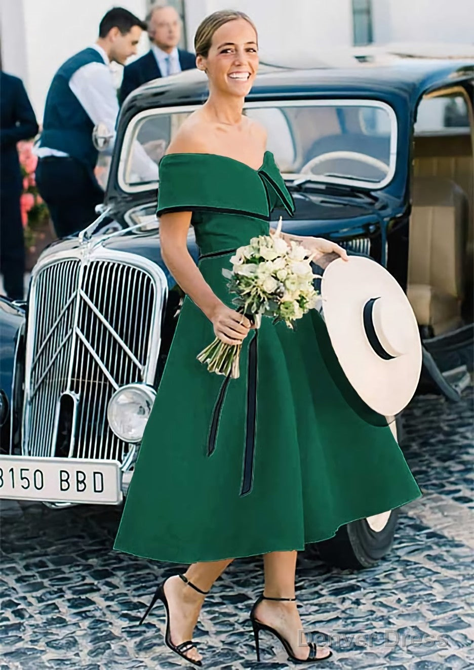 A Line Off The Shoulder Sleeveless Tea Length Satin Bridesmaid Dresses With Low Back