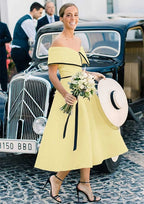 A Line Off The Shoulder Sleeveless Tea Length Satin Bridesmaid Dresses With Low Back