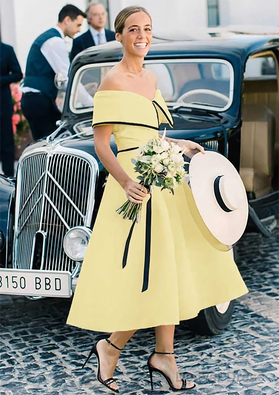 A Line Off The Shoulder Sleeveless Tea Length Satin Bridesmaid Dresses With Low Back