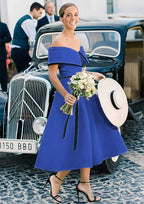 A Line Off The Shoulder Sleeveless Tea Length Satin Bridesmaid Dresses With Low Back