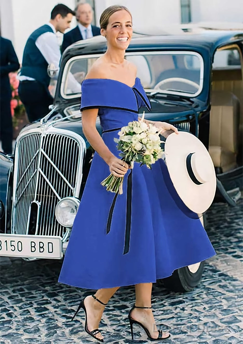 A Line Off The Shoulder Sleeveless Tea Length Satin Bridesmaid Dresses With Low Back