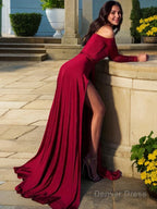 A Line Off The Shoulder Sweep Train Jersey Prom Dresses With Leg Slit