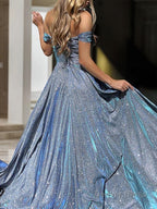 A Line Off The Shoulder Sweep Train Prom Dresses With Leg Slit