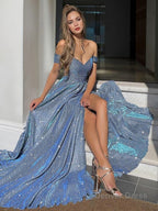 A Line Off The Shoulder Sweep Train Prom Dresses With Leg Slit