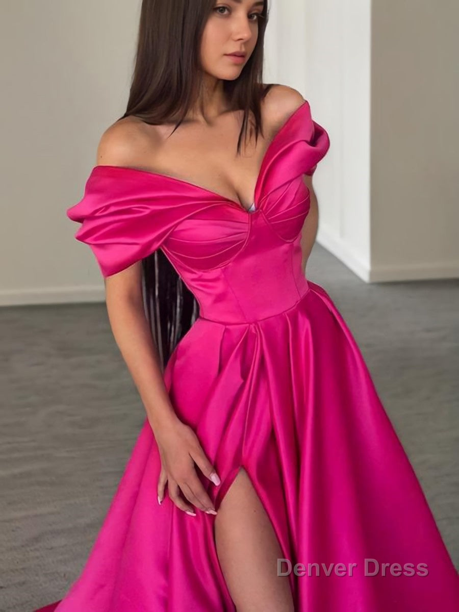 A Line Off The Shoulder Sweep Train Satin Prom Dresses With Leg Slit Secondary image