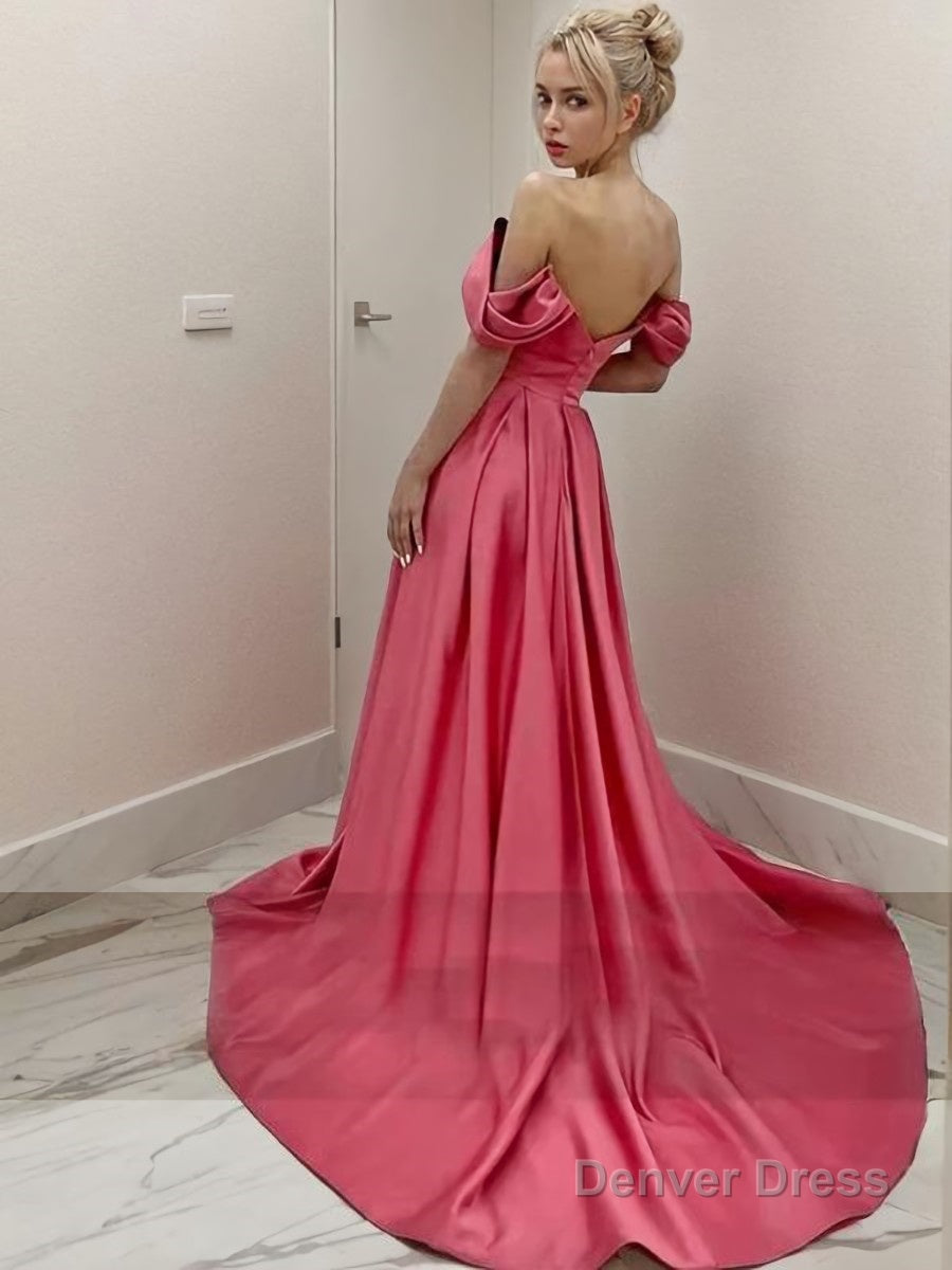 A Line Off The Shoulder Sweep Train Satin Prom Dresses With Leg Slit Secondary image
