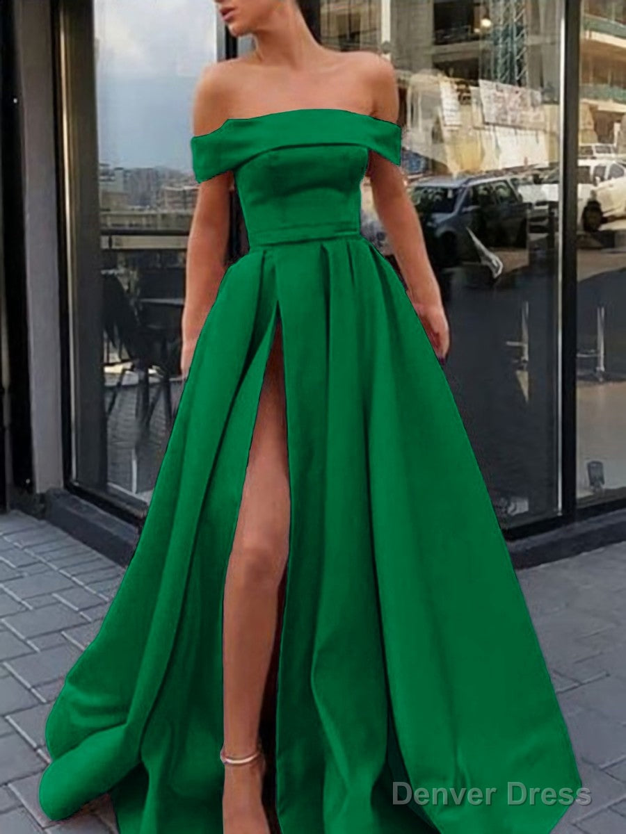 A Line Off The Shoulder Sweep Train Satin Prom Dresses With Leg Slit