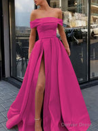 A Line Off The Shoulder Sweep Train Satin Prom Dresses With Leg Slit