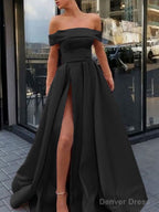 A Line Off The Shoulder Sweep Train Satin Prom Dresses With Leg Slit