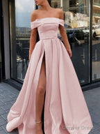 A Line Off The Shoulder Sweep Train Satin Prom Dresses With Leg Slit